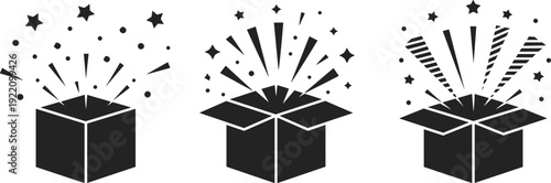 PrintSet of black minimalist surprise gift box icons with stars and confetti explosion isolated on a white background (18 words)