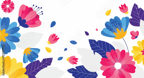 Colorful floral arrangement with various blooms, leaves, and shapes