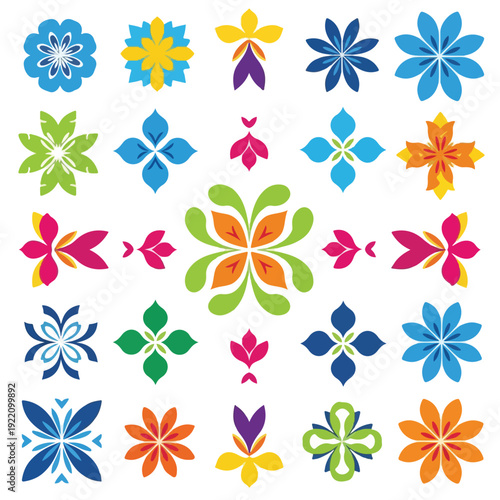 Colorful floral designs of various shapes and arrangements on a white background