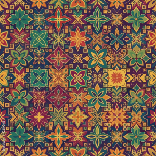 Colorful floral pattern with overlapping shapes and a tiled effect