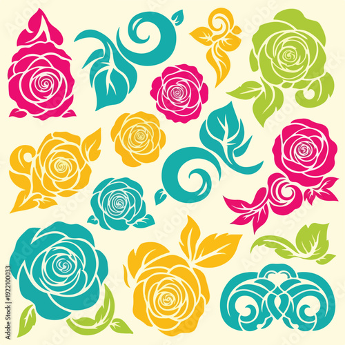 Colorful floral vector illustrations on cream background, various design elements