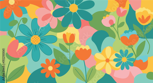 Colorful, floral pattern with stylized flowers and organic shapes