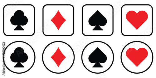 Hearts diamonds clubs spades sign chips. Suit deck of playing cards.  simple flat shapes casino gambling game design vector illustration.