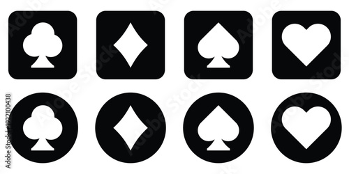 Playing card suit icons set including hearts diamonds clubs and spades in red and black solid fill and outline styles. suit deck of playing cards. 