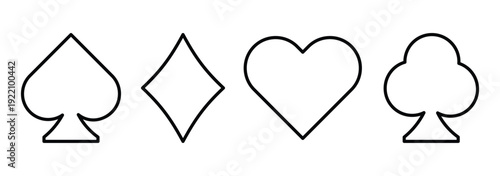 Playing card suit icons set including hearts diamonds clubs and spades in red and black solid fill and outline styles. suit deck of playing cards. 