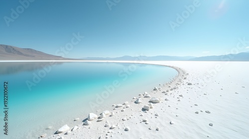 High plateau alkali lake with zircon crystals on shore