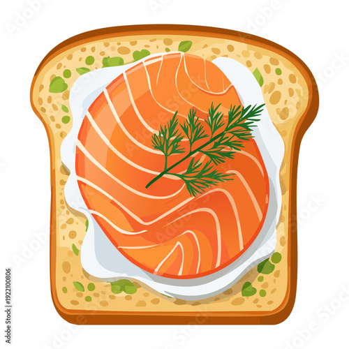 Sliced bread topped with smoked salmon fillet and cream cheese for elegant catering or appetizer service - Vector Illustration