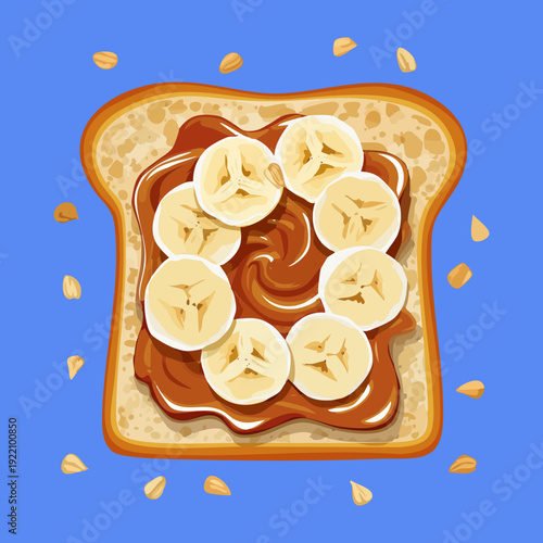 Sweet banana peanut butter toast with honey drizzle for healthy energy boosting breakfast or pre workout snack - Vector Illustration