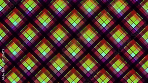 Colorful geometric plaid pattern with vibrant diamond motifs for decorative design.