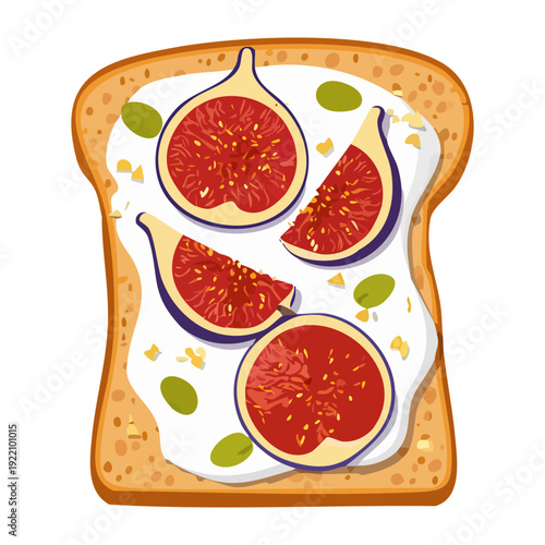 Sweet fig toast with cream cheese and honey drizzle for elegant breakfast or healthy fruit snack - Vector Illustration