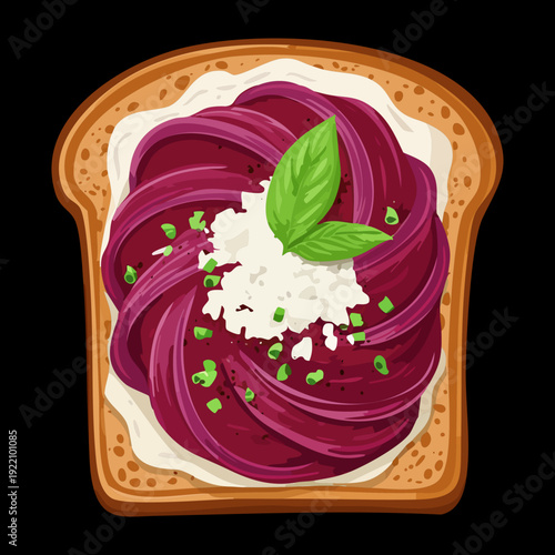 Gourmet beet hummus toast with fresh basil and cheese for creative vegetarian appetizer or healthy snack - Vector Illustration