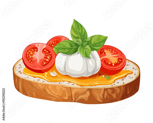 Delicious tomato mozzarella bruschetta with basil for healthy Italian appetizer or gourmet restaurant menu - Vector Illustration
