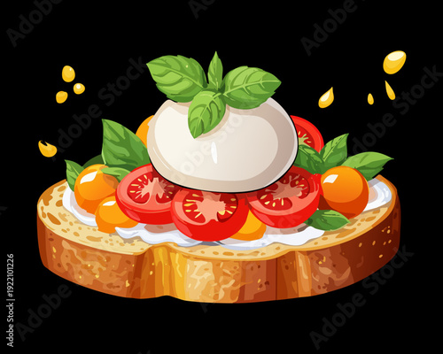 Gourmet Italian bruschetta with fresh tomatoes mozzarella and basil for restaurant menu or food blog - Vector Illustration