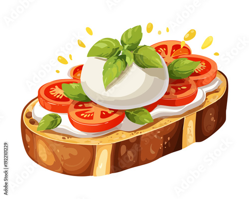 Fresh bruschetta topped with cherry tomatoes and mozzarella for quick healthy snack or party appetizer - Vector Illustration