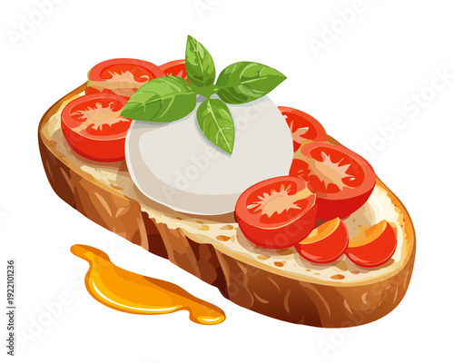 Classic tomato and mozzarella appetizer on toasted bread for healthy Mediterranean style snack or menu - Vector Illustration