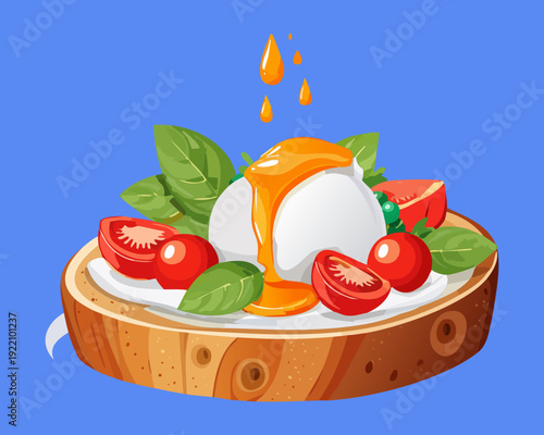 Healthy poached egg bruschetta with tomatoes and basil for nutritious breakfast or gourmet lunch option - Vector Illustration