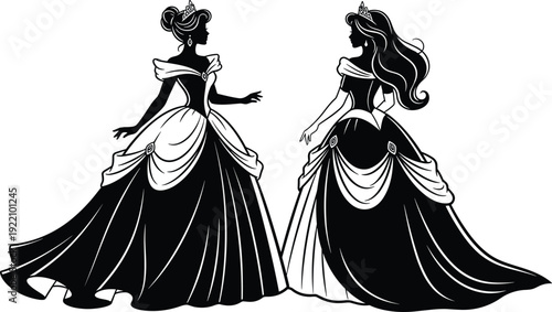 Black and white vector silhouette of two elegant princess characters in ornate ball gowns with tiaras for fairytale wedding and royal branding