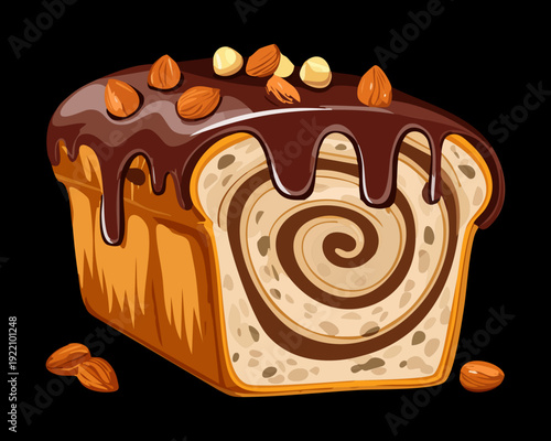 Sweet Marble Cake with Chocolate Glaze and Roasted Almonds on Top Delicious Homemade Bakery Dessert - Vector Illustration