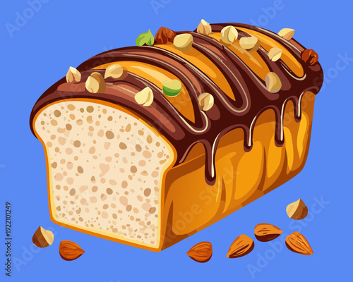 Sliced Marble Bread Loaf Drizzled with Rich Melted Chocolate Sauce and Nutty Toppings for Breakfast - Vector Illustration