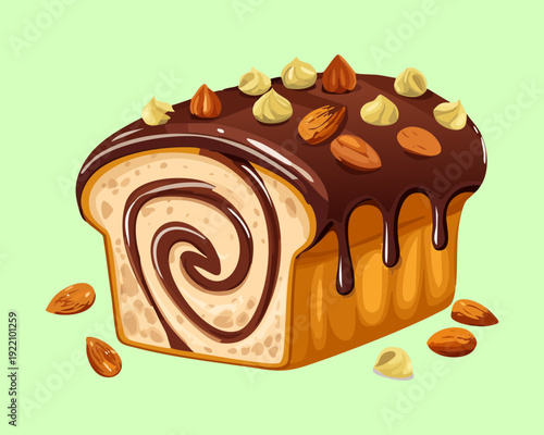 Chocolate Swirl Marble Cake with Almond Flakes and Nut Toppings on Soft Pastel Background Style - Vector Illustration