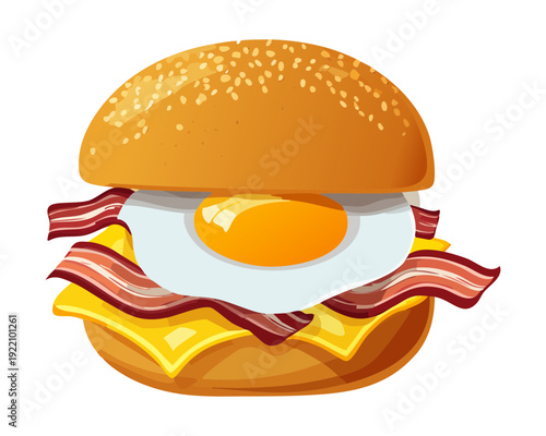 Classic Breakfast Burger with Fried Egg Crispy Bacon and Melted Cheese in Soft Toasted Brioche Bun - Vector Illustration