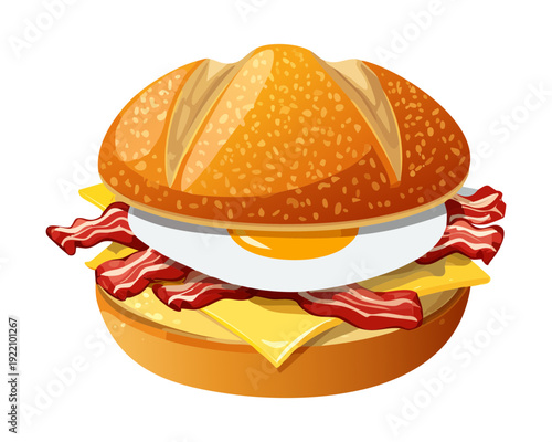 Freshly Made Breakfast Burger with Fried Egg Melted Cheddar and Crispy Bacon Topped with Sesame Seeds - Vector Illustration