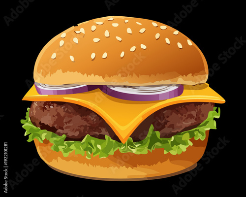 Fotografie Classic Cheeseburger with Juicy Beef Patty Fresh Red Onions Lettuce and Melting