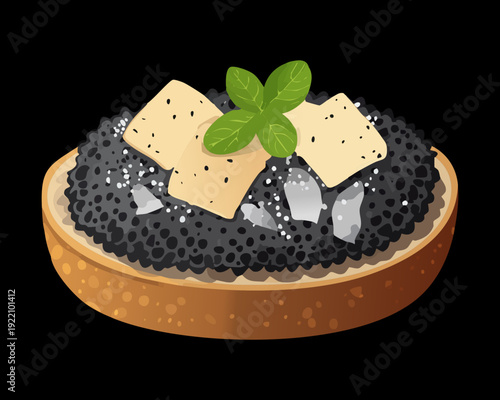 Gourmet Black Truffle Bruschetta with Hard Cheese Shavings and Fresh Herbs on Dark Minimalist Background - Vector Illustration