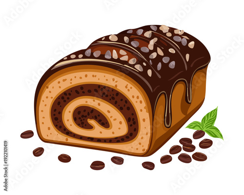 Chocolate Swirl Loaf Cake with Rich Cocoa Glaze and Espresso Coffee Beans for Dessert Lover - Vector Illustration