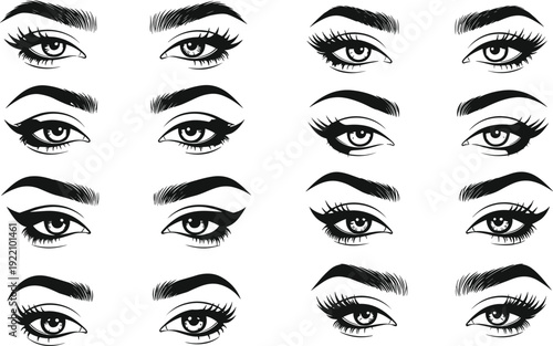 Black vector illustration set of beautiful female eyes and eyebrows with long eyelashes and various makeup styles for beauty salon lash and brow branding