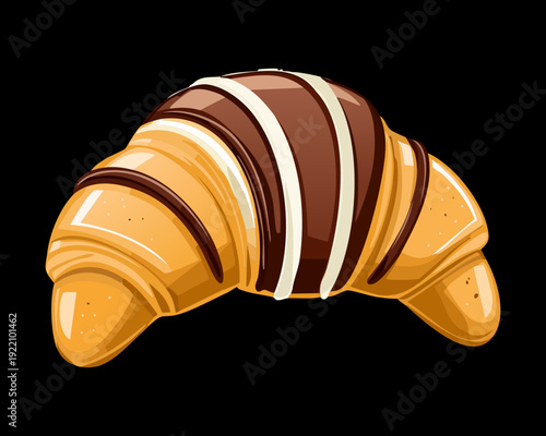 Flaky Bicolor Croissant with Chocolate Filling and Sweet Glaze Topping on Minimalist Black Background Style - Vector Illustration