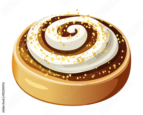 Gourmet Cinnamon Swirl Bun with Creamy Frosting and Golden Sugar Sprinkles for Coffee Shop Menu - Vector Illustration