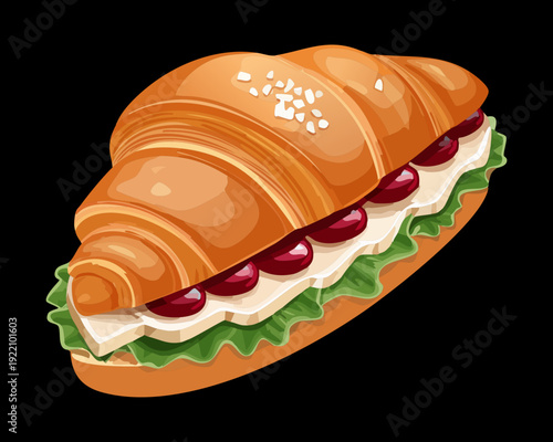 Savory Deli Croissant Sandwich with Meat Cheese and Fresh Herbs on Minimalist Black Background Style - Vector Illustration