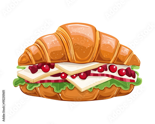 Gourmet Ham and Cheese Croissant with Fresh Cranberry Sauce and Greens for Savory Breakfast Meal - Vector Illustration