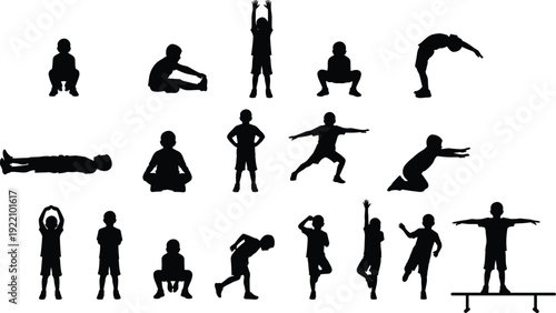 Black silhouettes of boys exercising and playing in different poses, children fitness set, physical education, active kids isolated on white