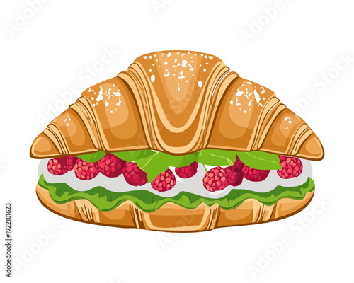 Gourmet Deli Croissant Filled with Ham Cheese and Fresh Herbs for Traditional European Breakfast Menu - Vector Illustration