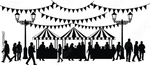 Black vector silhouette of a busy outdoor street fair with market stalls festive bunting flags lampposts and people walking for community event branding