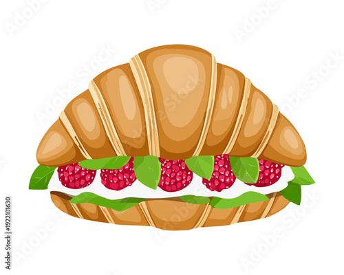 Fresh Vegetable Croissant Sandwich with Sliced Tomatoes Cucumber and Greens for Healthy Breakfast Choice - Vector Illustration