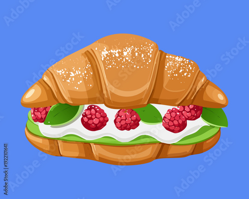 Gourmet Vegetarian Croissant Sandwich with Fresh Greens and Vegetable Slices on Vibrant Blue Background Style - Vector Illustration