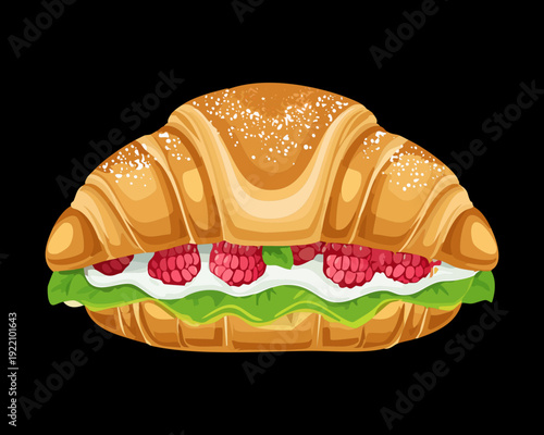 Healthy Veggie Croissant with Fresh Sliced Vegetables and Greens on Minimalist Black Background Style Art - Vector Illustration