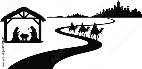 Black vector silhouette of a Christmas nativity scene featuring Mary Joseph and baby Jesus in a stable with three wise men on camels