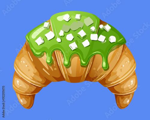 Unique Green Glazed Croissant with Creamy Topping on Vibrant Blue Background for Modern Bakery Menu - Vector Illustration