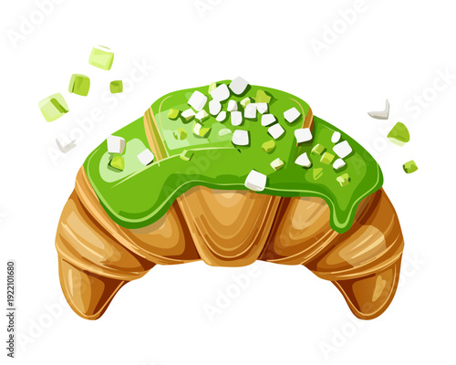 Fresh Green Glazed Croissant with White Toppings and Flaky Pastry Layers for Creative Bakery Dessert - Vector Illustration