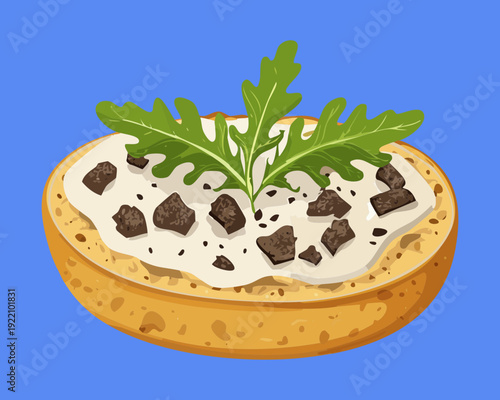 Savory Mushroom Bruschetta with Fresh Green Herbs and Creamy Topping on Vibrant Blue Background Style - Vector Illustration
