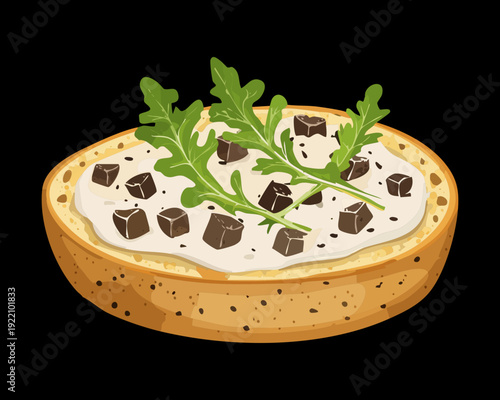 Healthy Mushroom and Green Herb Tartine with Creamy Base on Minimalist Black Background Style Art - Vector Illustration