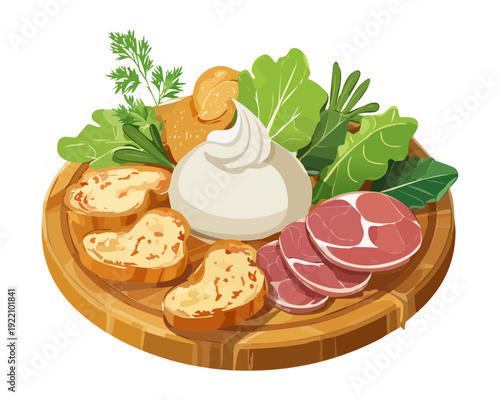 Gourmet Meat and Cheese Platter with Creamy Burrata and Fresh Greens for Rustic Appetizer Serving - Vector Illustration