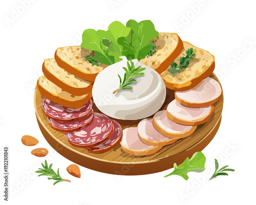 Traditional Meat and Cheese Charcuterie Board with Fresh Burrata Cheese and Herbs for Party Appetizer - Vector Illustration