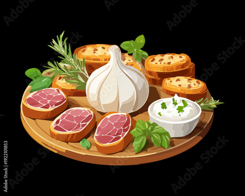 Rustic Charcuterie Board Featuring Salami Prosciutto Burrata Cheese and Fresh Herbs on Black Background Style - Vector Illustration