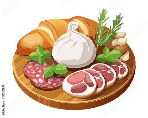 Italian Style Meat and Cheese Platter with Fresh Burrata and Herbs for Gourmet Catering Menu - Vector Illustration