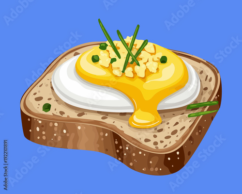 Healthy Poached Egg Toast with Fresh Herbs and Spices on Blue Background for Breakfast Menu - Vector Illustration